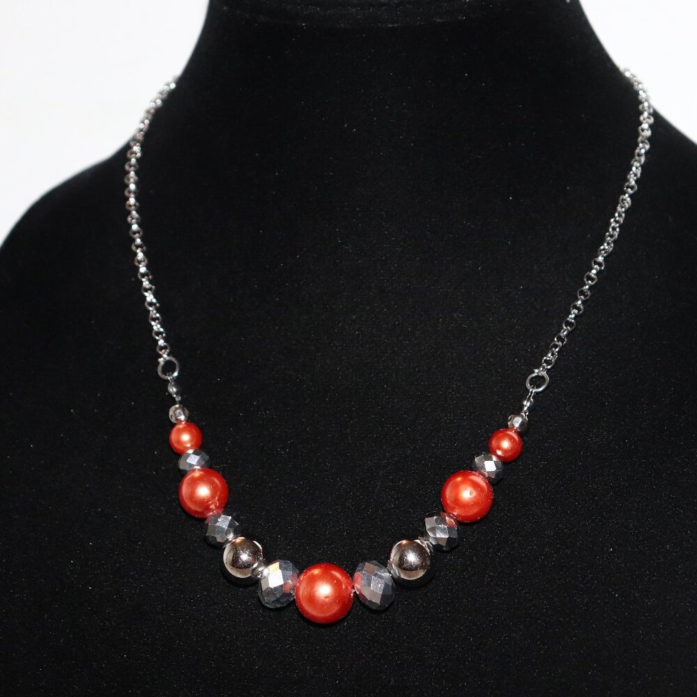 ✨ Sunset Sparkle Necklace · Silver, Crystal & Orange Pearls · 20–22" ✨